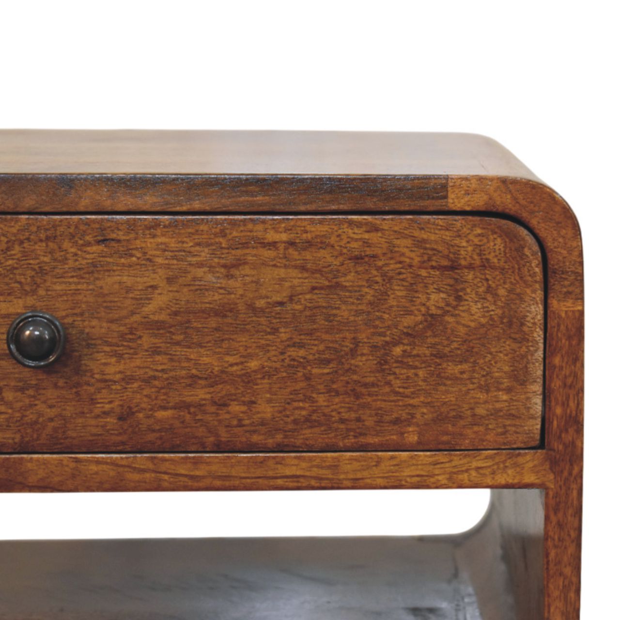 Handcrafted Solid Mango Wood Bedside Table – Chestnut Finish, Brass Knob Drawer