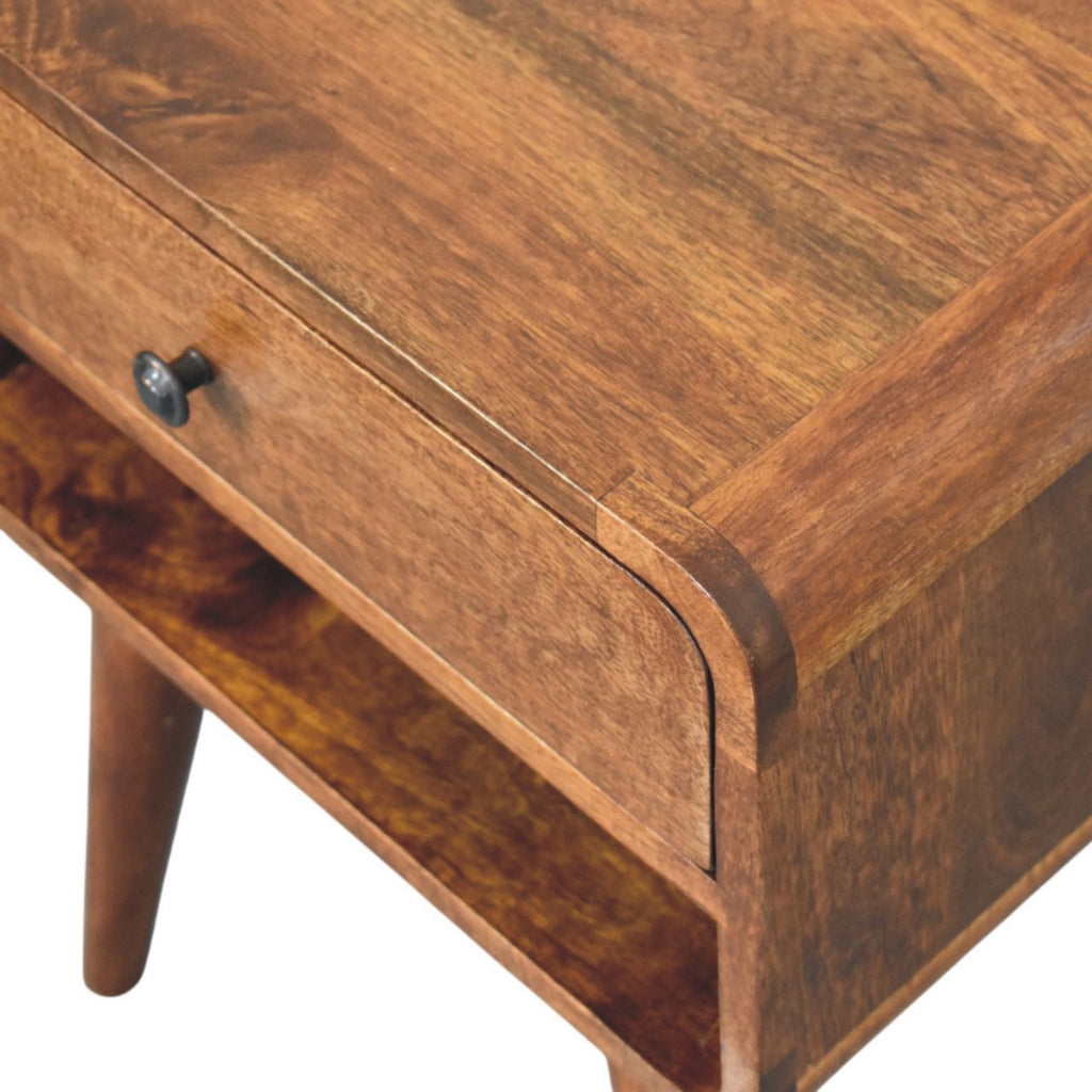 Handcrafted Solid Mango Wood Bedside Table – Chestnut Finish, Brass Knob Drawer