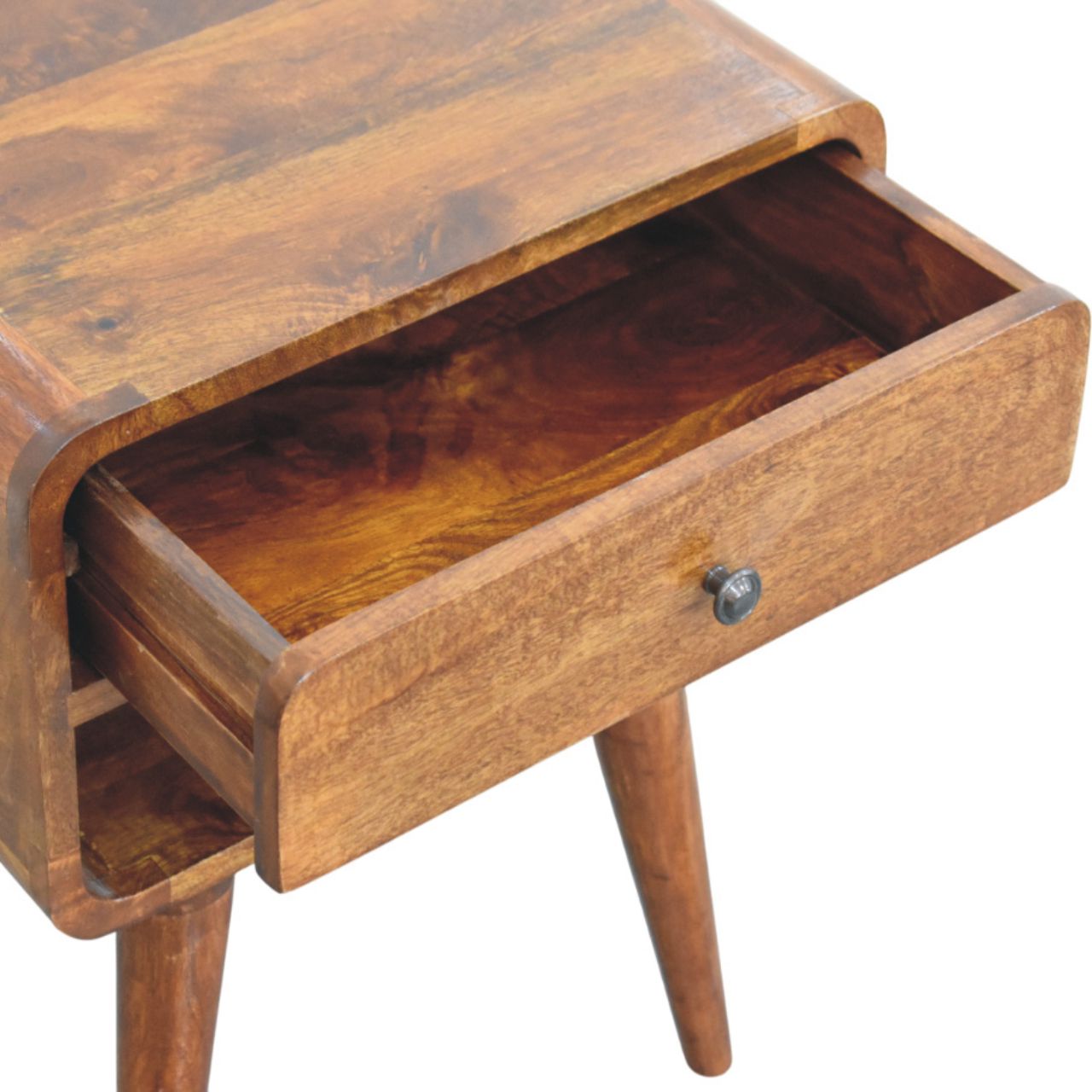 Handcrafted Solid Mango Wood Bedside Table – Chestnut Finish, Brass Knob Drawer