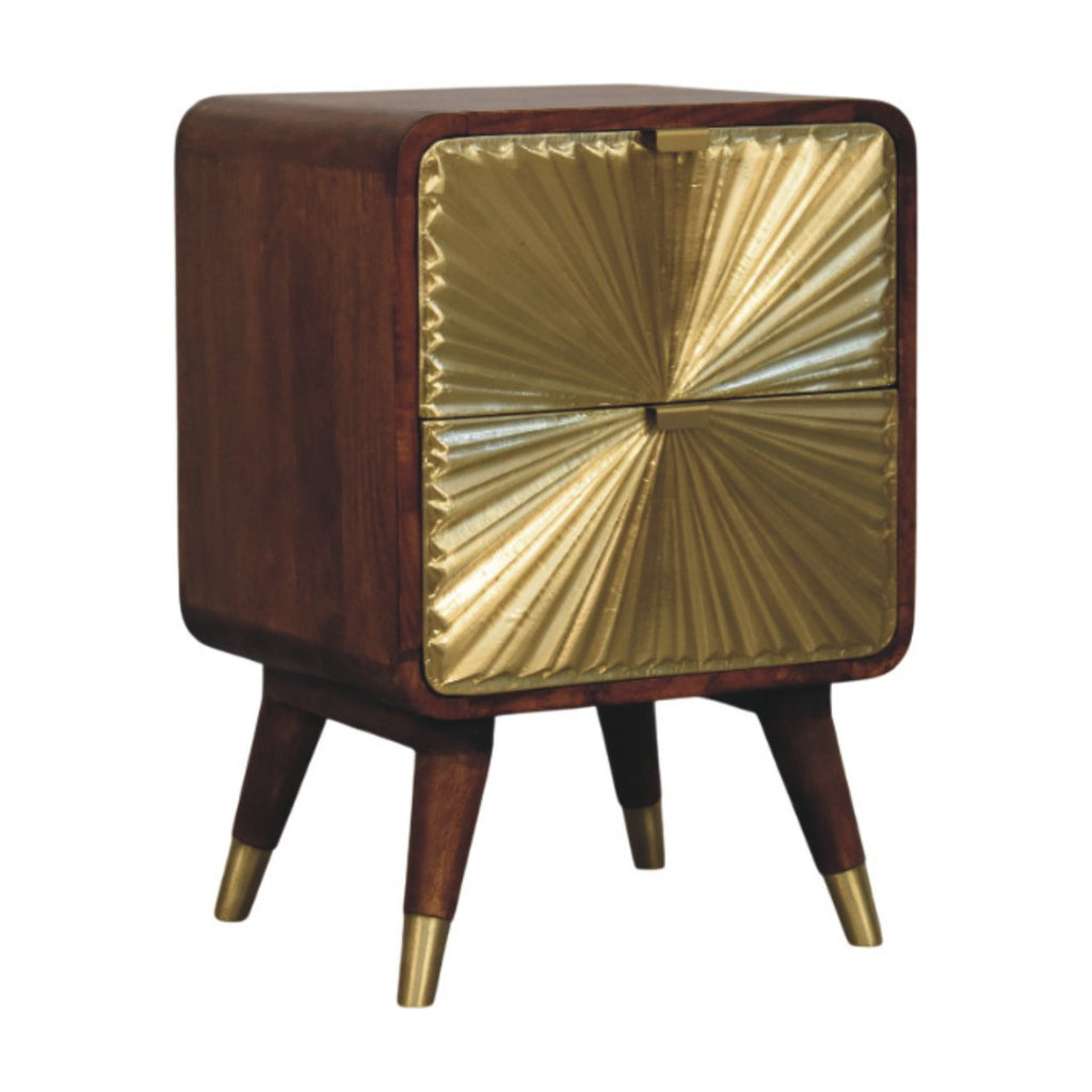 Contemporary Solid Mango Wood Bedside Table – Chestnut Finish, Brass Embossed Sunburst Design