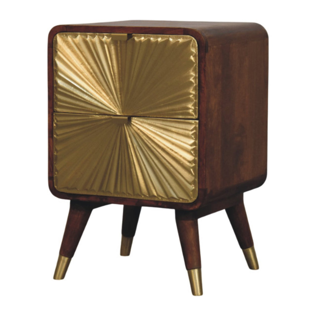 Contemporary Solid Mango Wood Bedside Table – Chestnut Finish, Brass Embossed Sunburst Design