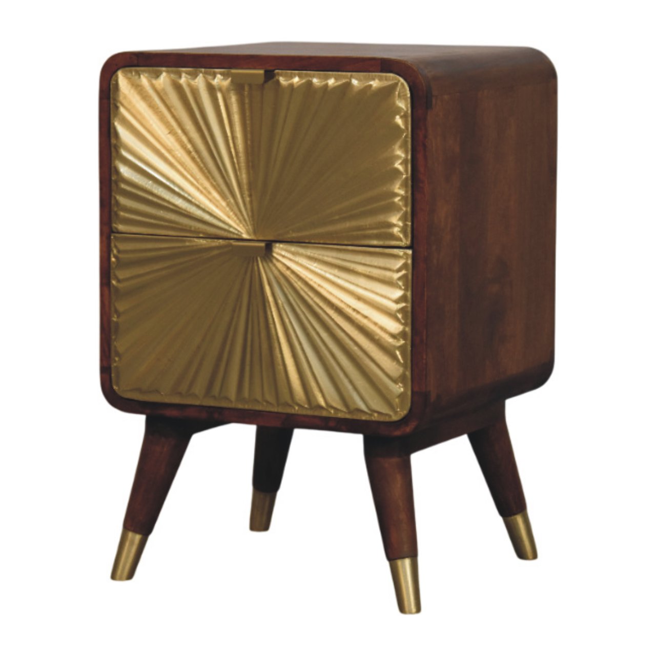 Contemporary Solid Mango Wood Bedside Table – Chestnut Finish, Brass Embossed Sunburst Design