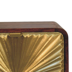 Contemporary Solid Mango Wood Bedside Table – Chestnut Finish, Brass Embossed Sunburst Design