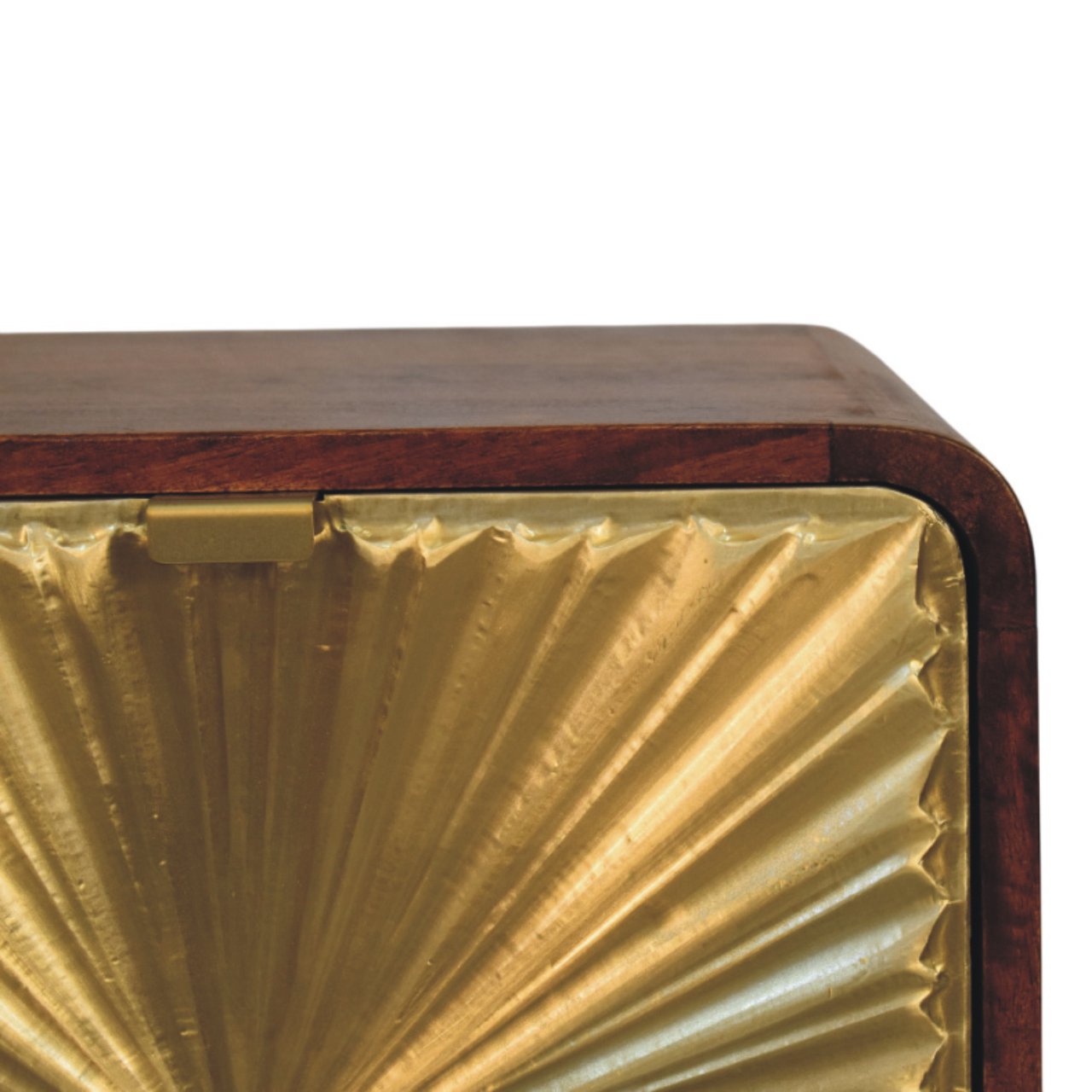 Contemporary Solid Mango Wood Bedside Table – Chestnut Finish, Brass Embossed Sunburst Design