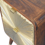 Contemporary Solid Mango Wood Bedside Table – Chestnut Finish, Brass Embossed Sunburst Design