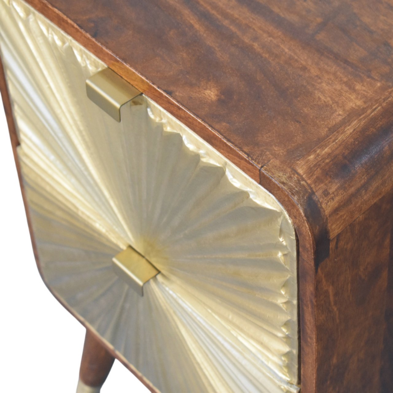 Contemporary Solid Mango Wood Bedside Table – Chestnut Finish, Brass Embossed Sunburst Design