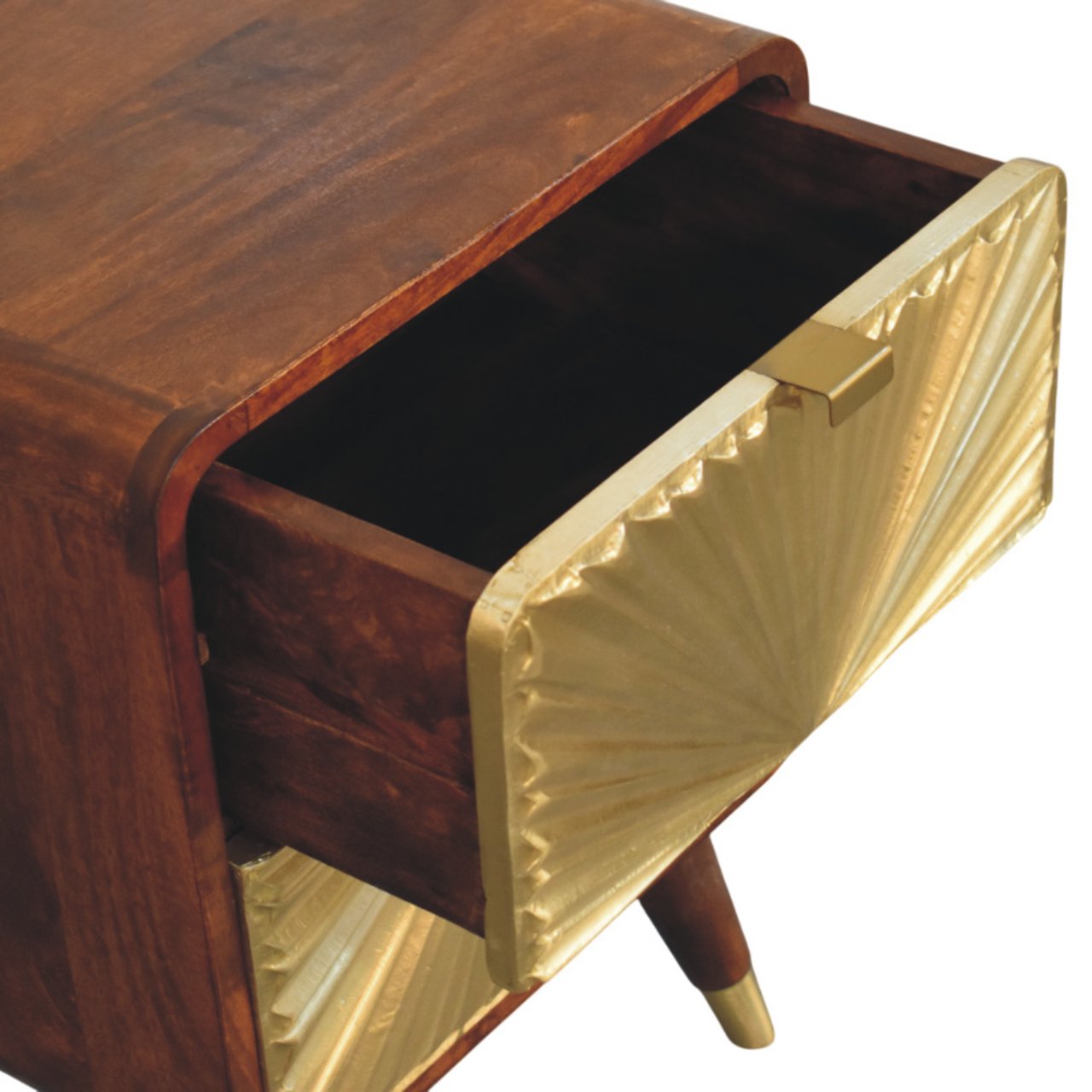 Contemporary Solid Mango Wood Bedside Table – Chestnut Finish, Brass Embossed Sunburst Design