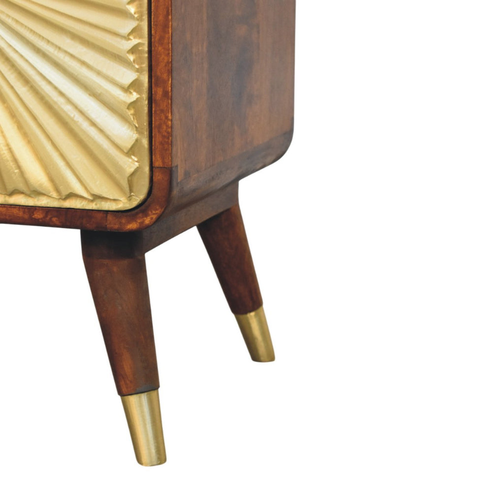 Contemporary Solid Mango Wood Bedside Table – Chestnut Finish, Brass Embossed Sunburst Design