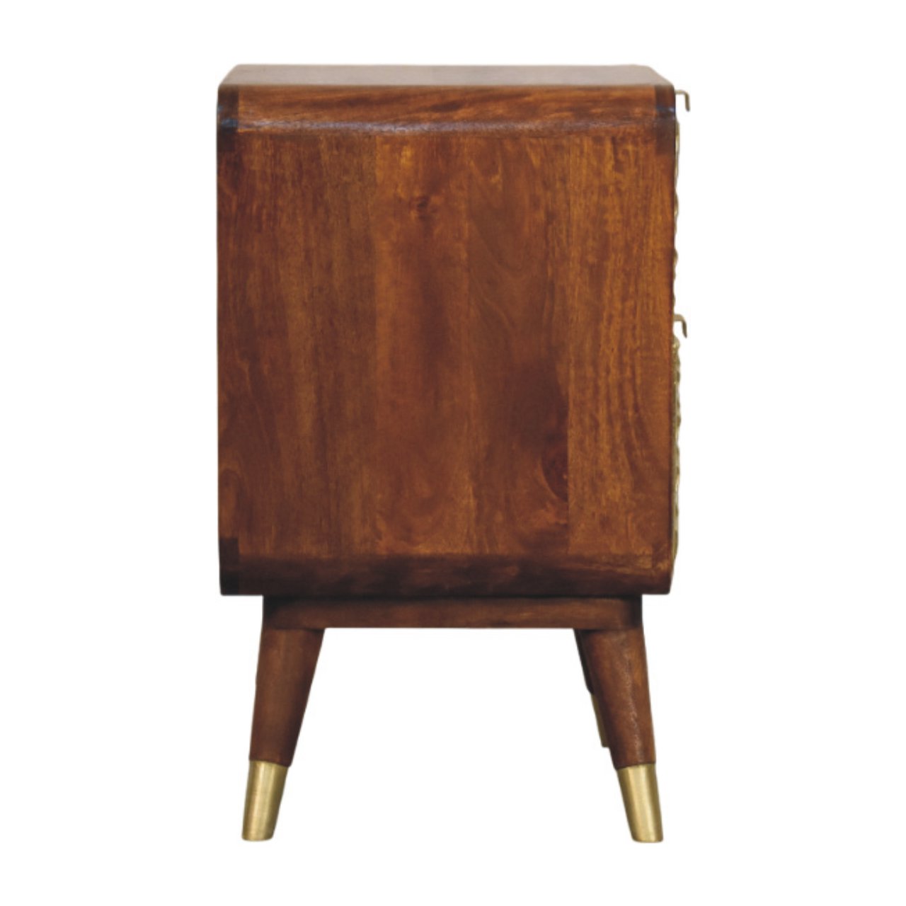 Contemporary Solid Mango Wood Bedside Table – Chestnut Finish, Brass Embossed Sunburst Design