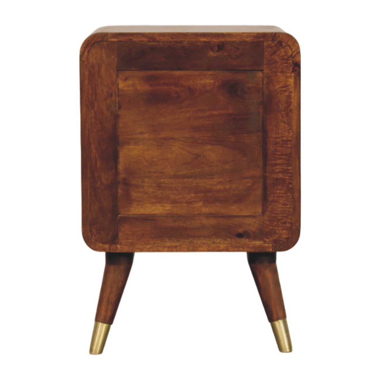 Contemporary Solid Mango Wood Bedside Table – Chestnut Finish, Brass Embossed Sunburst Design