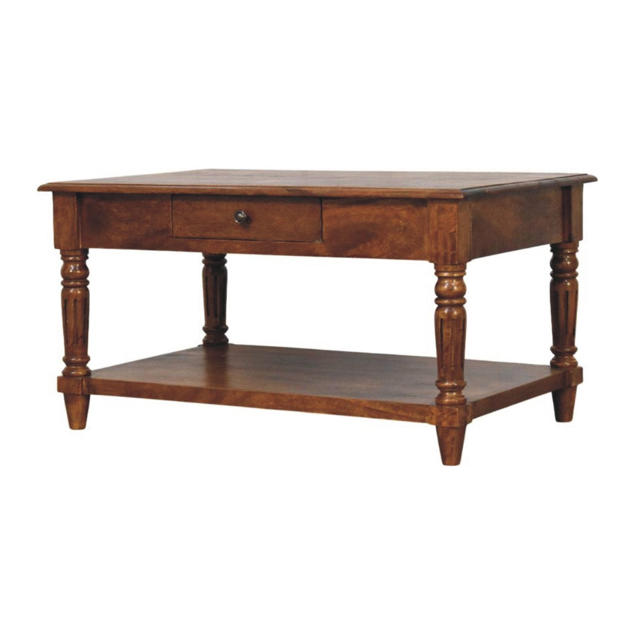Statement Solid Mango Wood Coffee Table – Chestnut Finish, Turned Legs