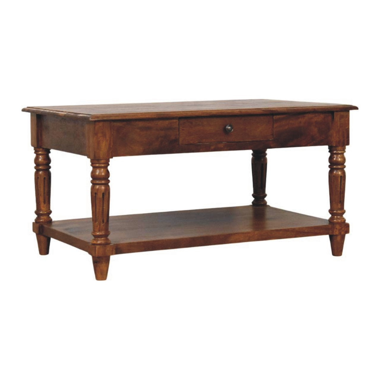Statement Solid Mango Wood Coffee Table – Chestnut Finish, Turned Legs