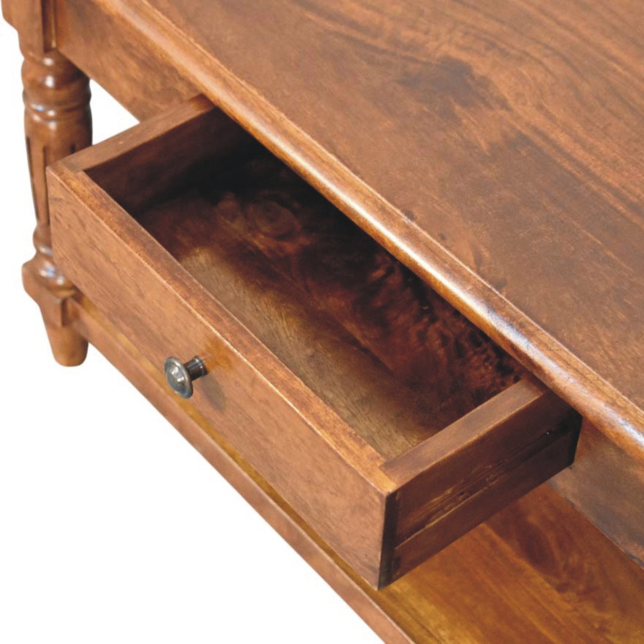 Statement Solid Mango Wood Coffee Table – Chestnut Finish, Turned Legs