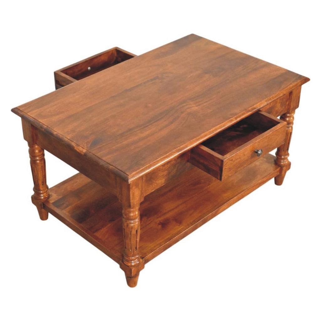 Statement Solid Mango Wood Coffee Table – Chestnut Finish, Turned Legs