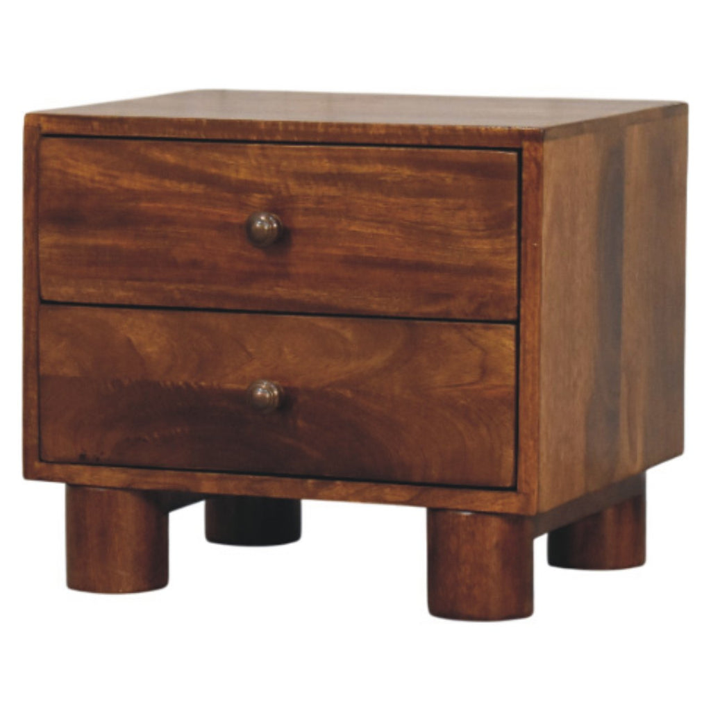Contemporary Solid Mango Wood Bedside Table – Chestnut Finish, Cylindrical Block Legs