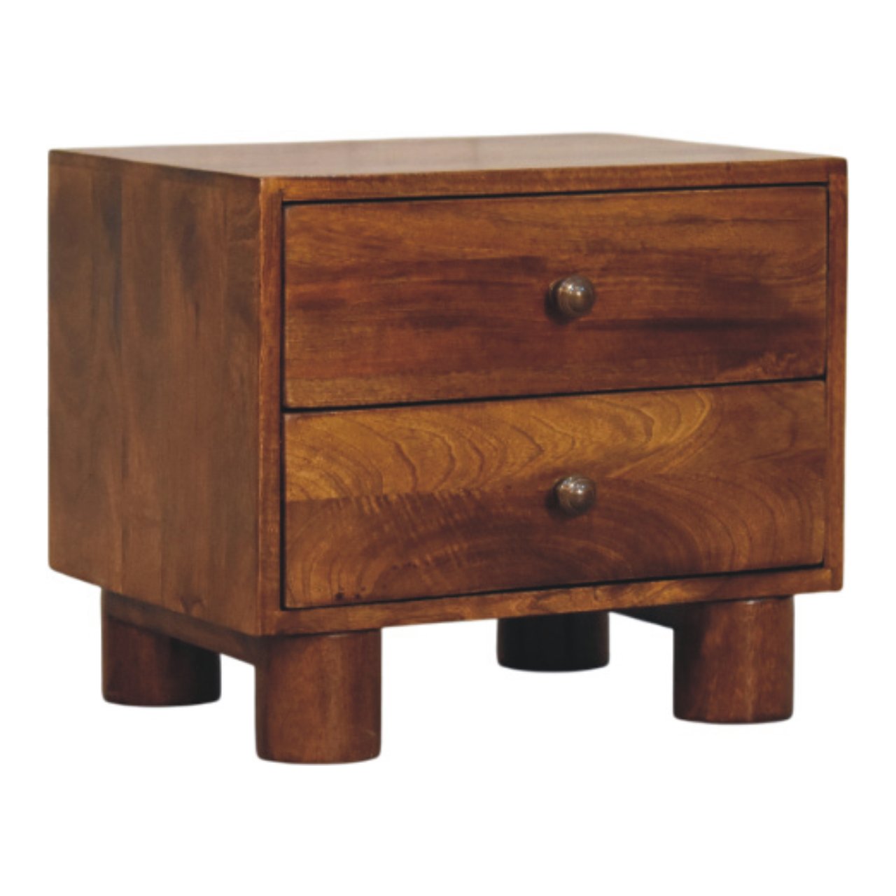 Contemporary Solid Mango Wood Bedside Table – Chestnut Finish, Cylindrical Block Legs