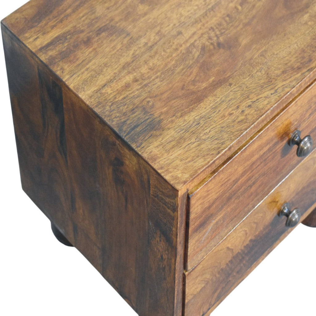 Contemporary Solid Mango Wood Bedside Table – Chestnut Finish, Cylindrical Block Legs