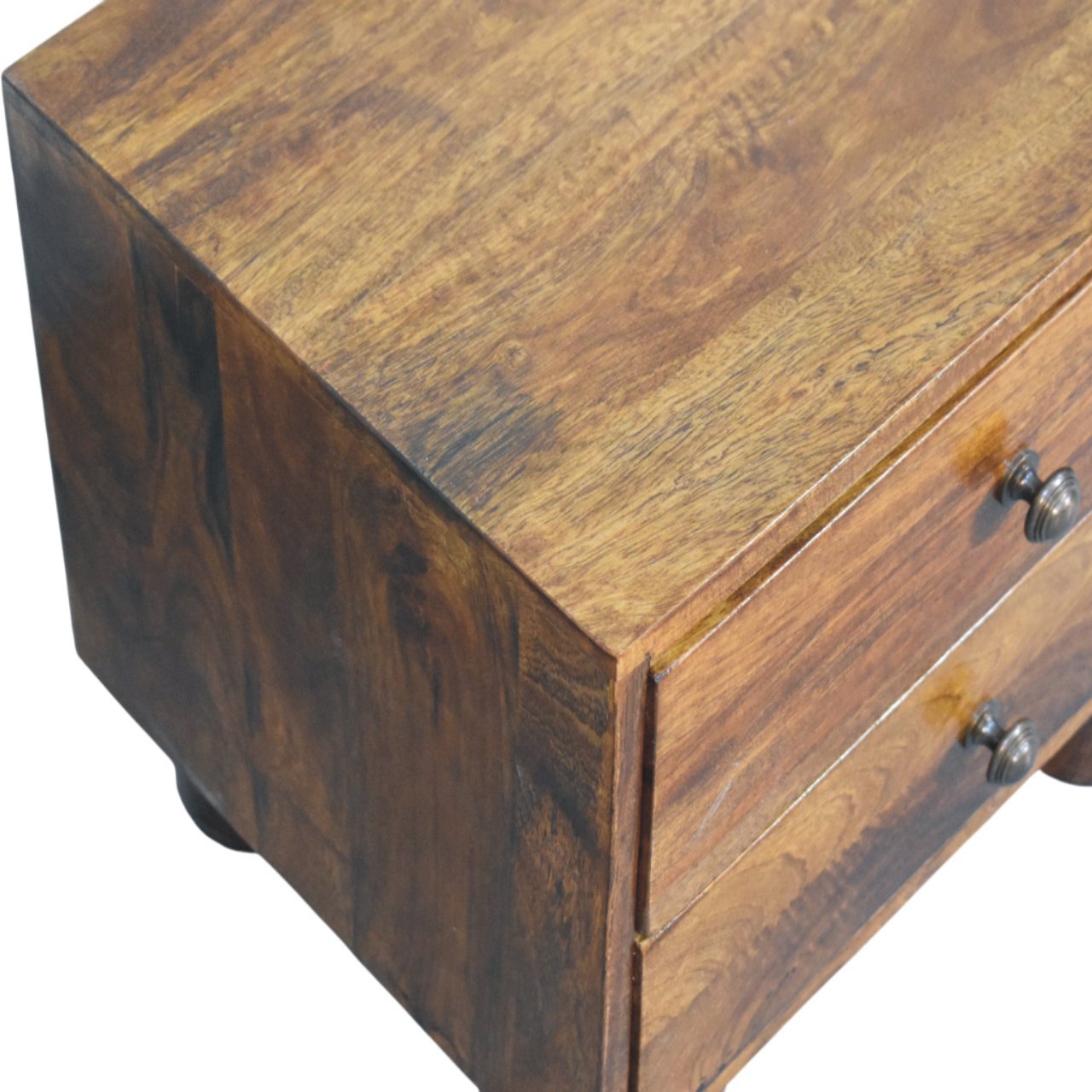Contemporary Solid Mango Wood Bedside Table – Chestnut Finish, Cylindrical Block Legs