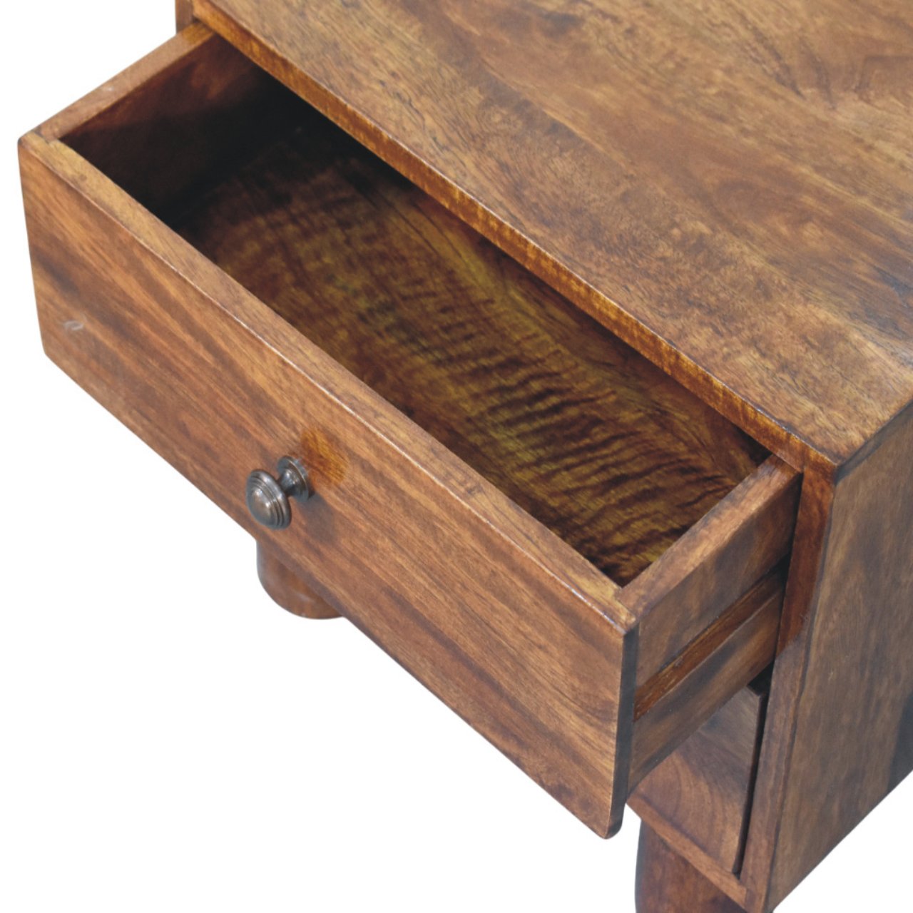 Contemporary Solid Mango Wood Bedside Table – Chestnut Finish, Cylindrical Block Legs