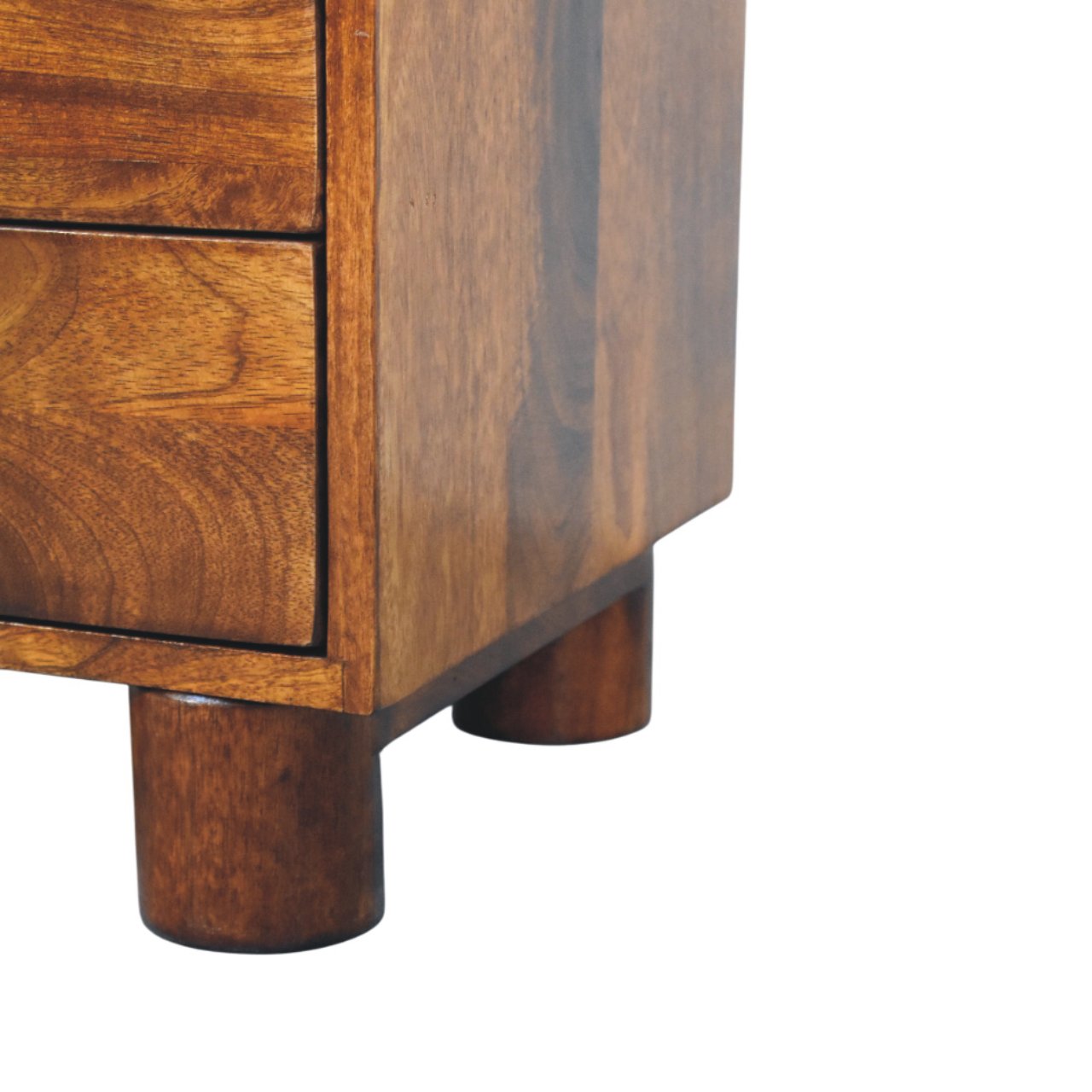 Contemporary Solid Mango Wood Bedside Table – Chestnut Finish, Cylindrical Block Legs