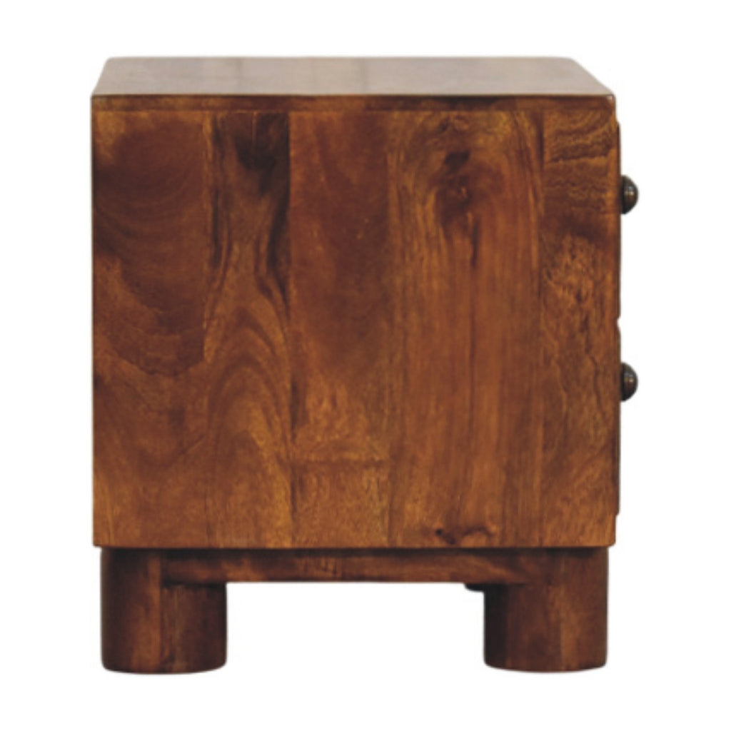 Contemporary Solid Mango Wood Bedside Table – Chestnut Finish, Cylindrical Block Legs