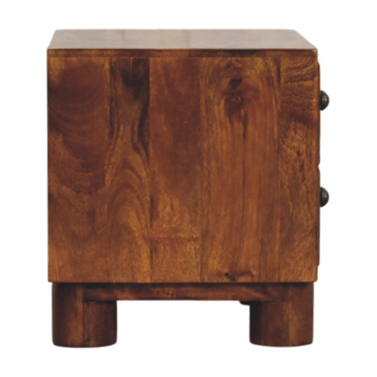 Contemporary Solid Mango Wood Bedside Table – Chestnut Finish, Cylindrical Block Legs