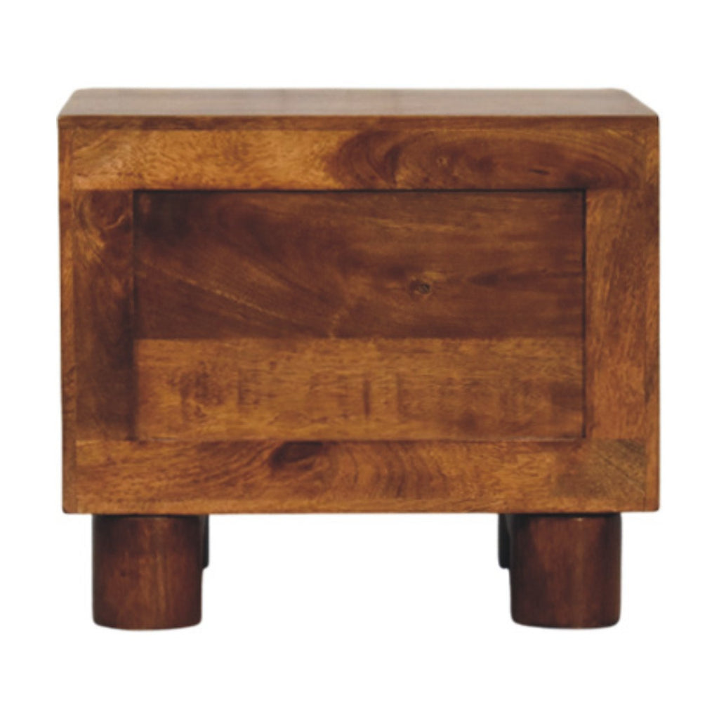 Contemporary Solid Mango Wood Bedside Table – Chestnut Finish, Cylindrical Block Legs