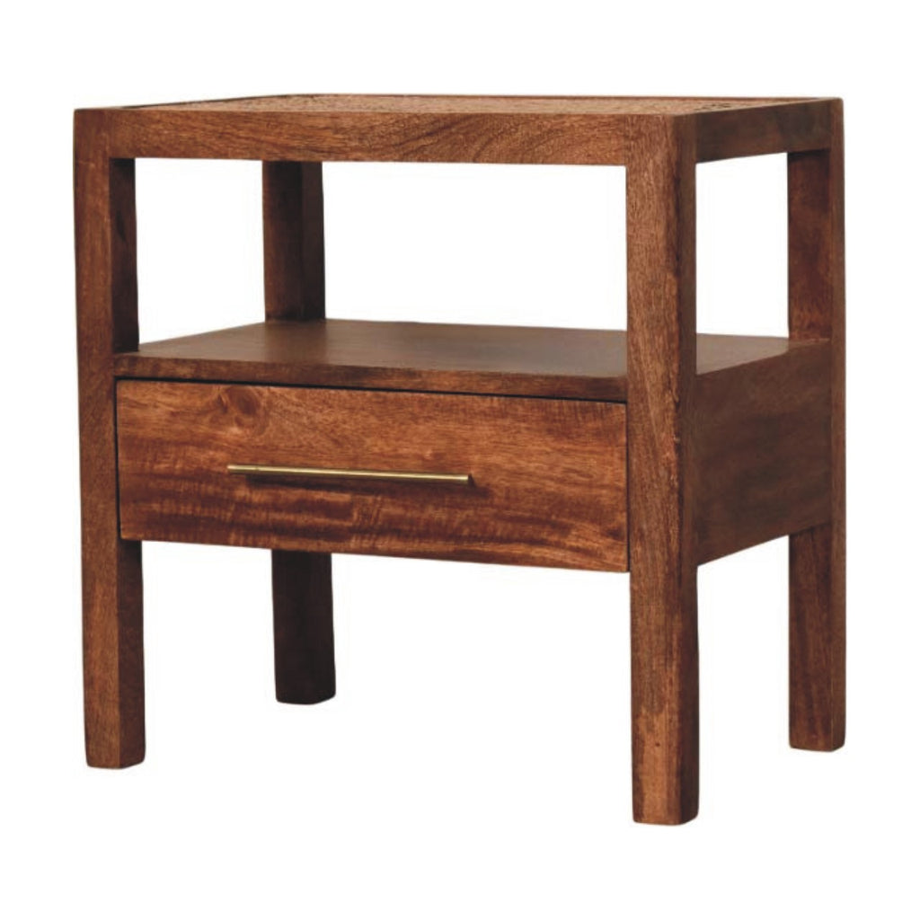 Contemporary Solid Mango Wood Bedside Table – Honey Caramel Finish, Woven Rattan Top