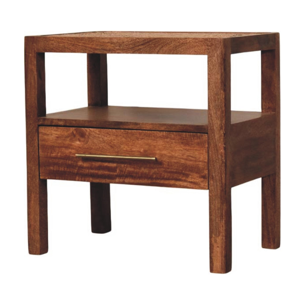 Contemporary Solid Mango Wood Bedside Table – Honey Caramel Finish, Woven Rattan Top