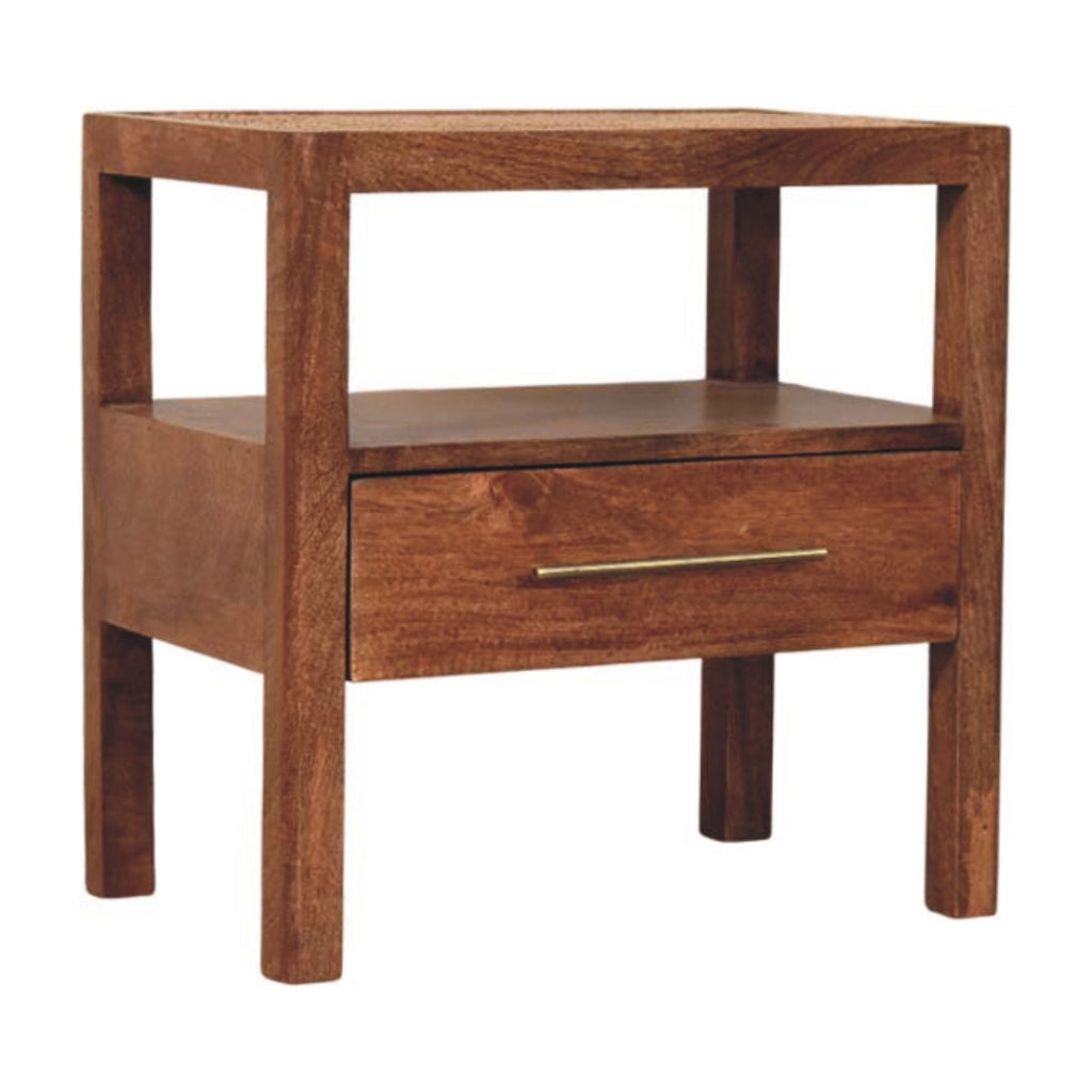 Contemporary Solid Mango Wood Bedside Table – Honey Caramel Finish, Woven Rattan Top