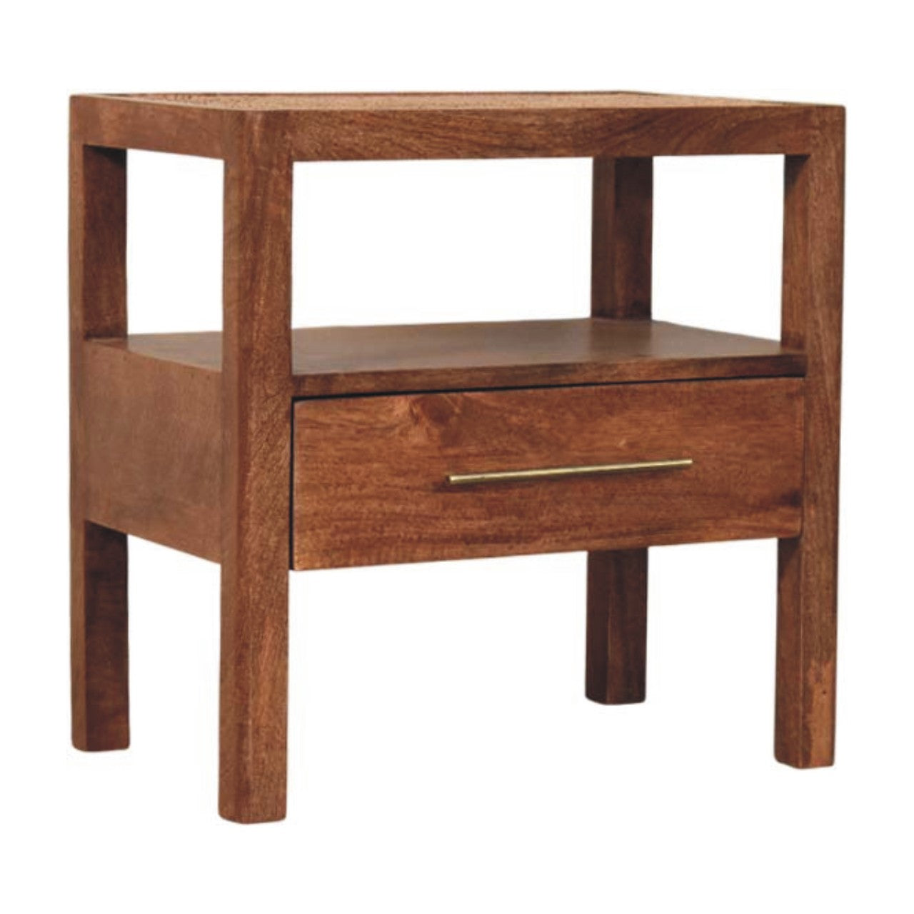 Contemporary Solid Mango Wood Bedside Table – Honey Caramel Finish, Woven Rattan Top