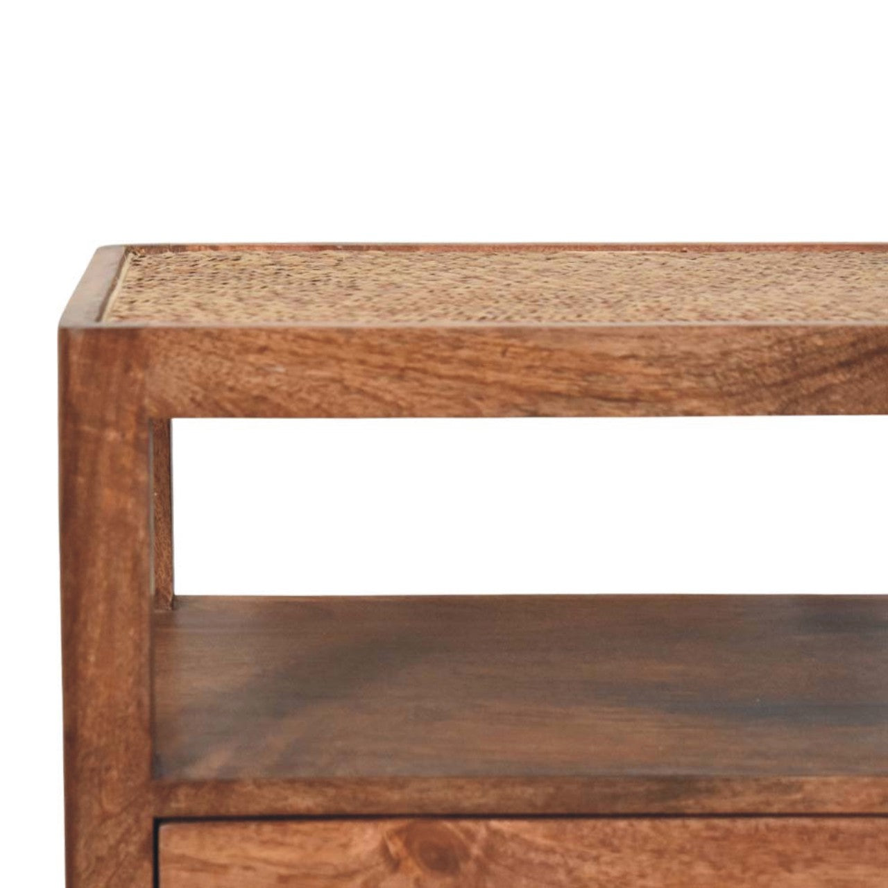 Contemporary Solid Mango Wood Bedside Table – Honey Caramel Finish, Woven Rattan Top
