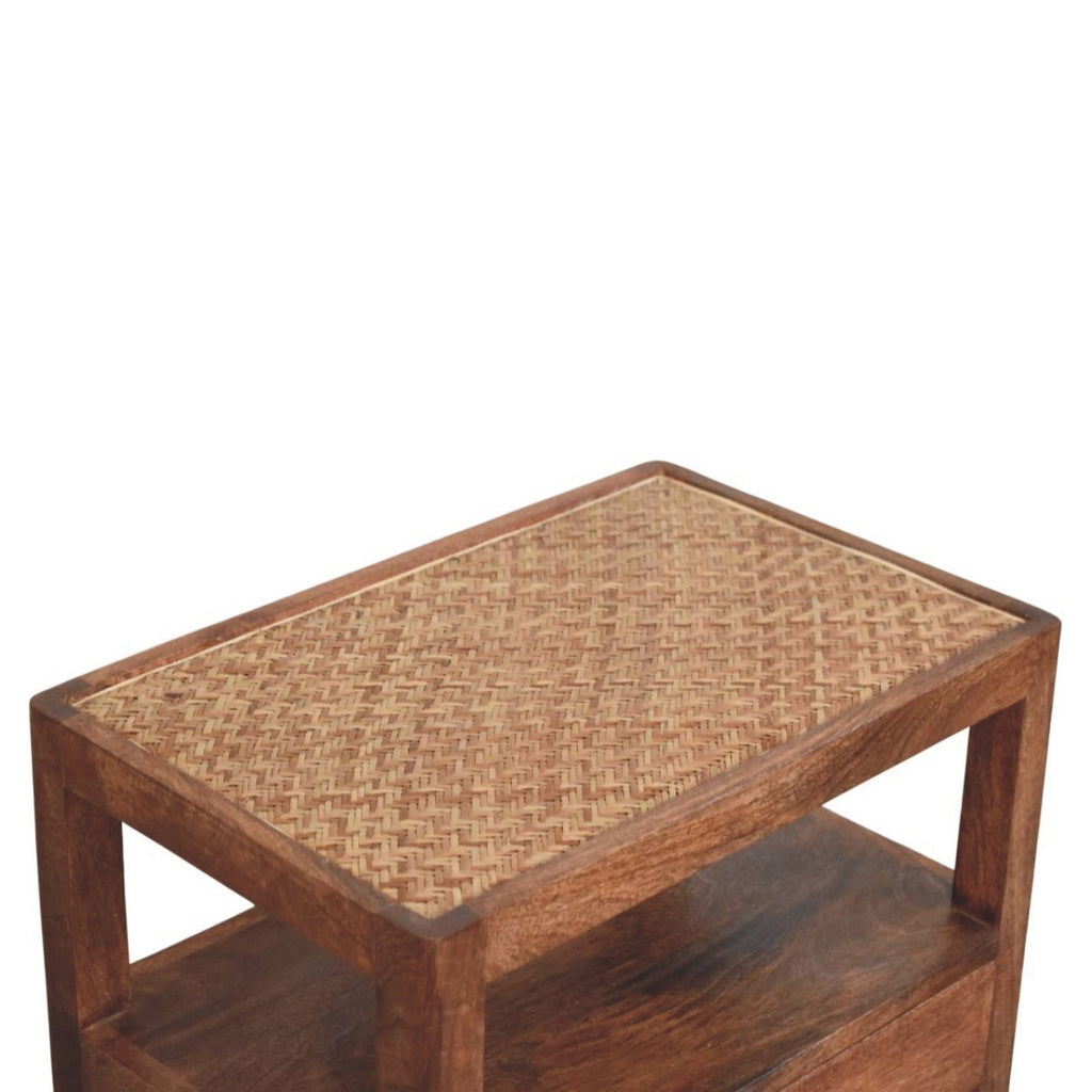 Contemporary Solid Mango Wood Bedside Table – Honey Caramel Finish, Woven Rattan Top