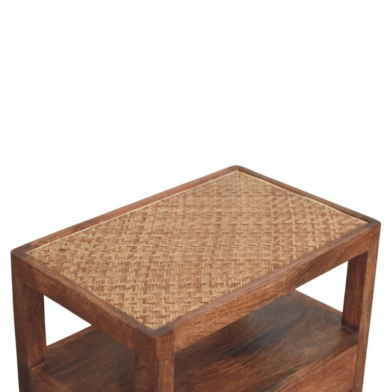 Contemporary Solid Mango Wood Bedside Table – Honey Caramel Finish, Woven Rattan Top
