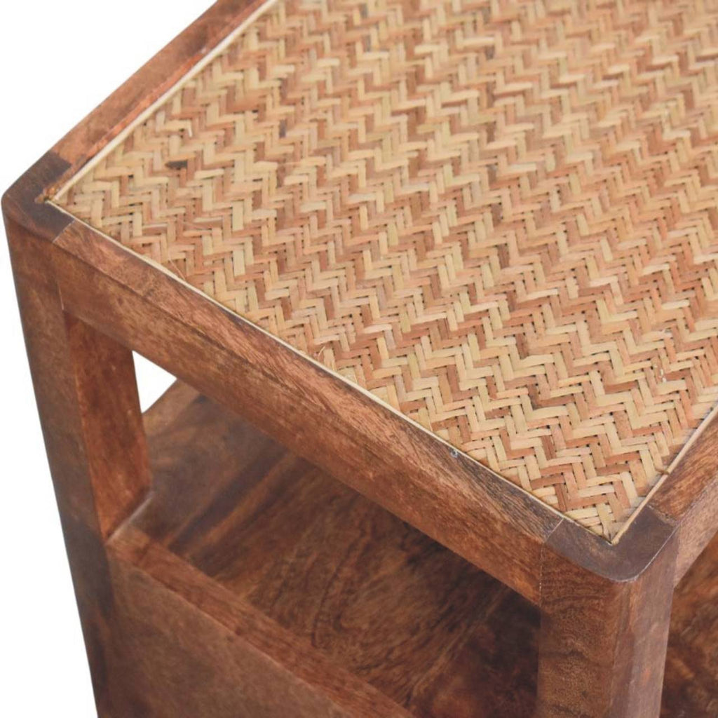 Contemporary Solid Mango Wood Bedside Table – Honey Caramel Finish, Woven Rattan Top