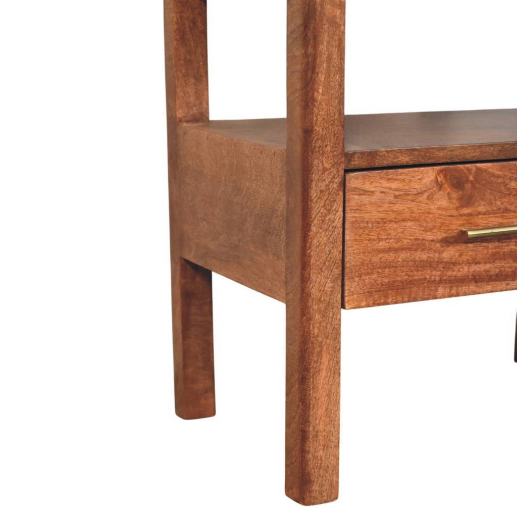 Contemporary Solid Mango Wood Bedside Table – Honey Caramel Finish, Woven Rattan Top