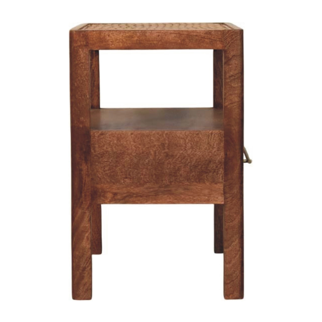 Contemporary Solid Mango Wood Bedside Table – Honey Caramel Finish, Woven Rattan Top