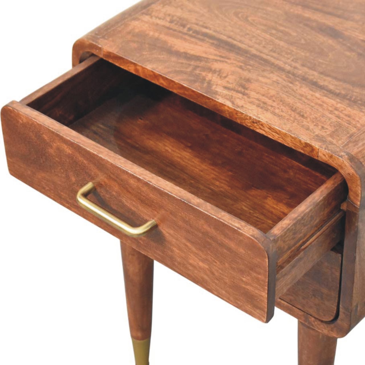 Contemporary Solid Mango Wood Bedside Table – Beige Finish, Rounded Corners