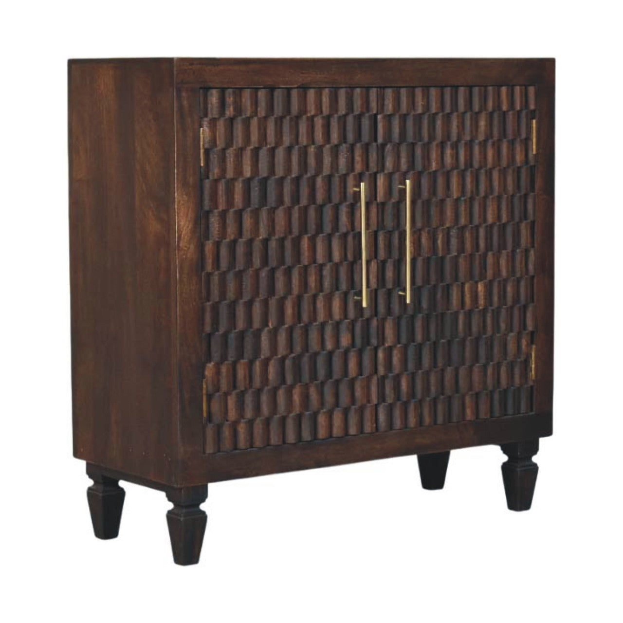 Statement Solid Mango Wood Cabinet – Brown Finish, Geometric Carved Facade
