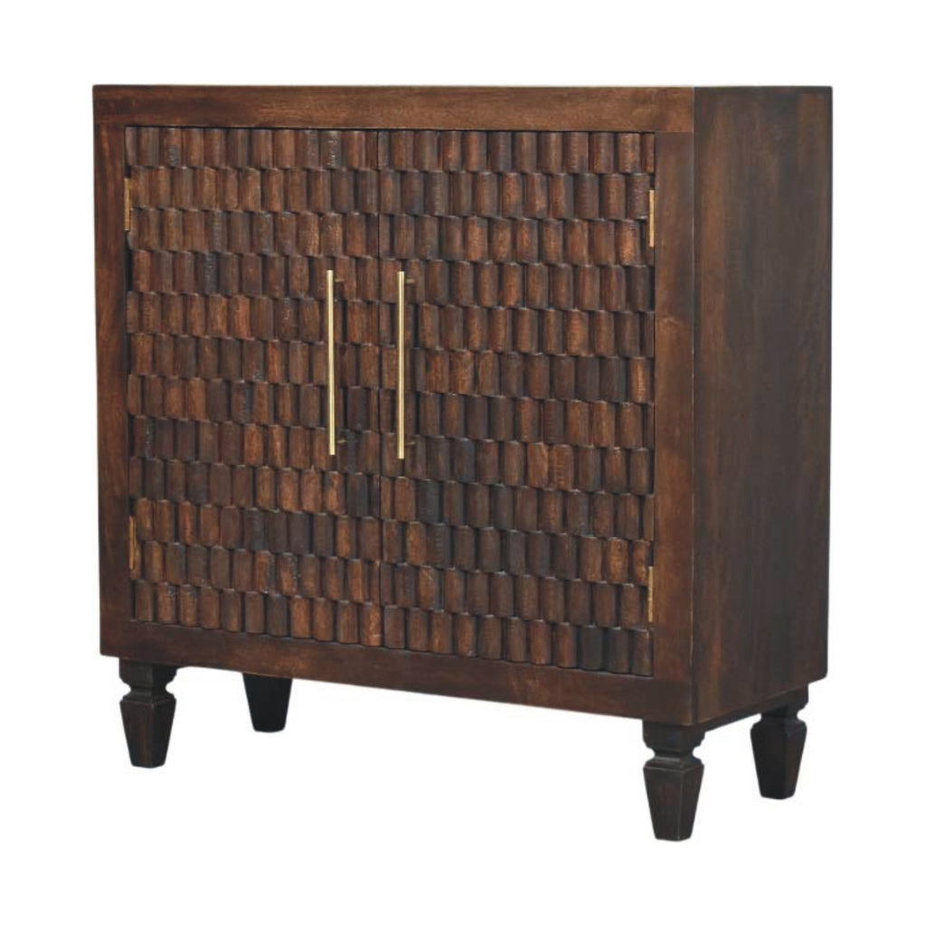 Statement Solid Mango Wood Cabinet – Brown Finish, Geometric Carved Facade
