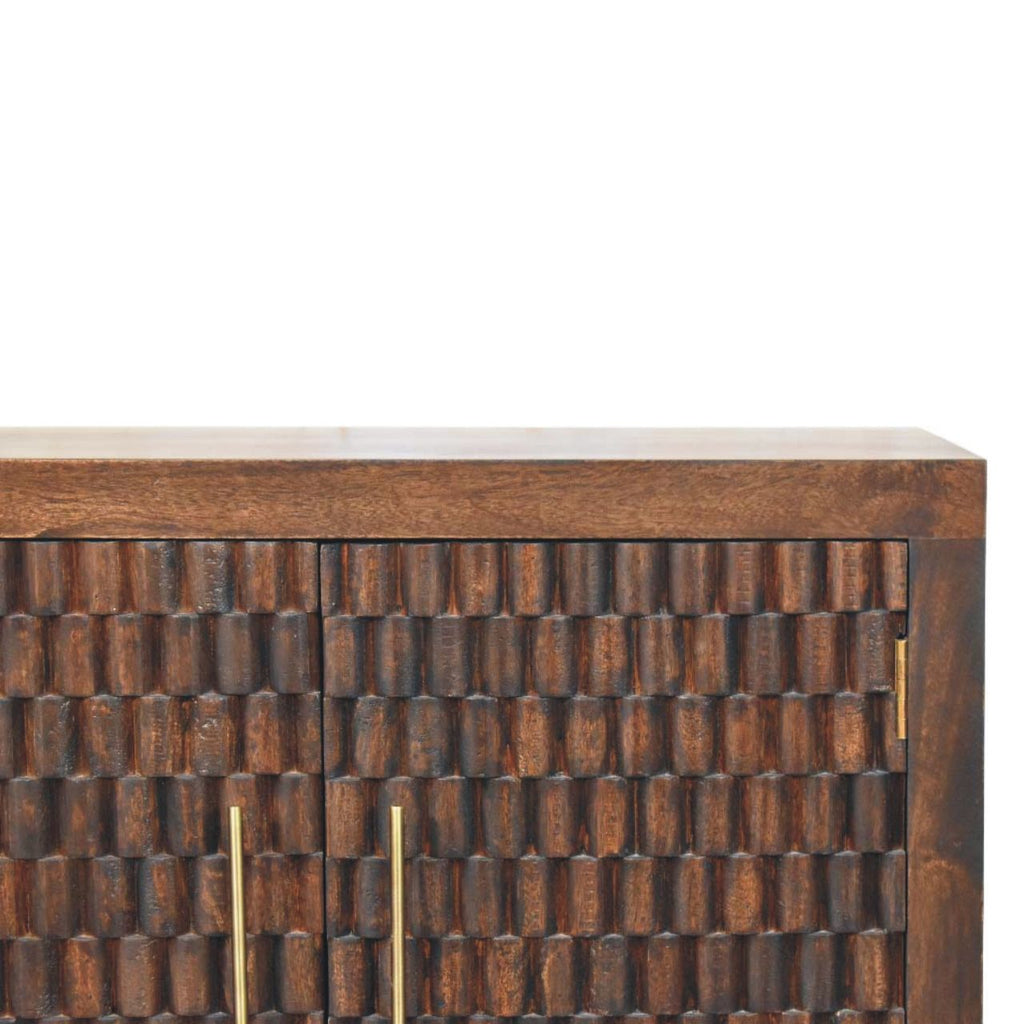 Statement Solid Mango Wood Cabinet – Brown Finish, Geometric Carved Facade