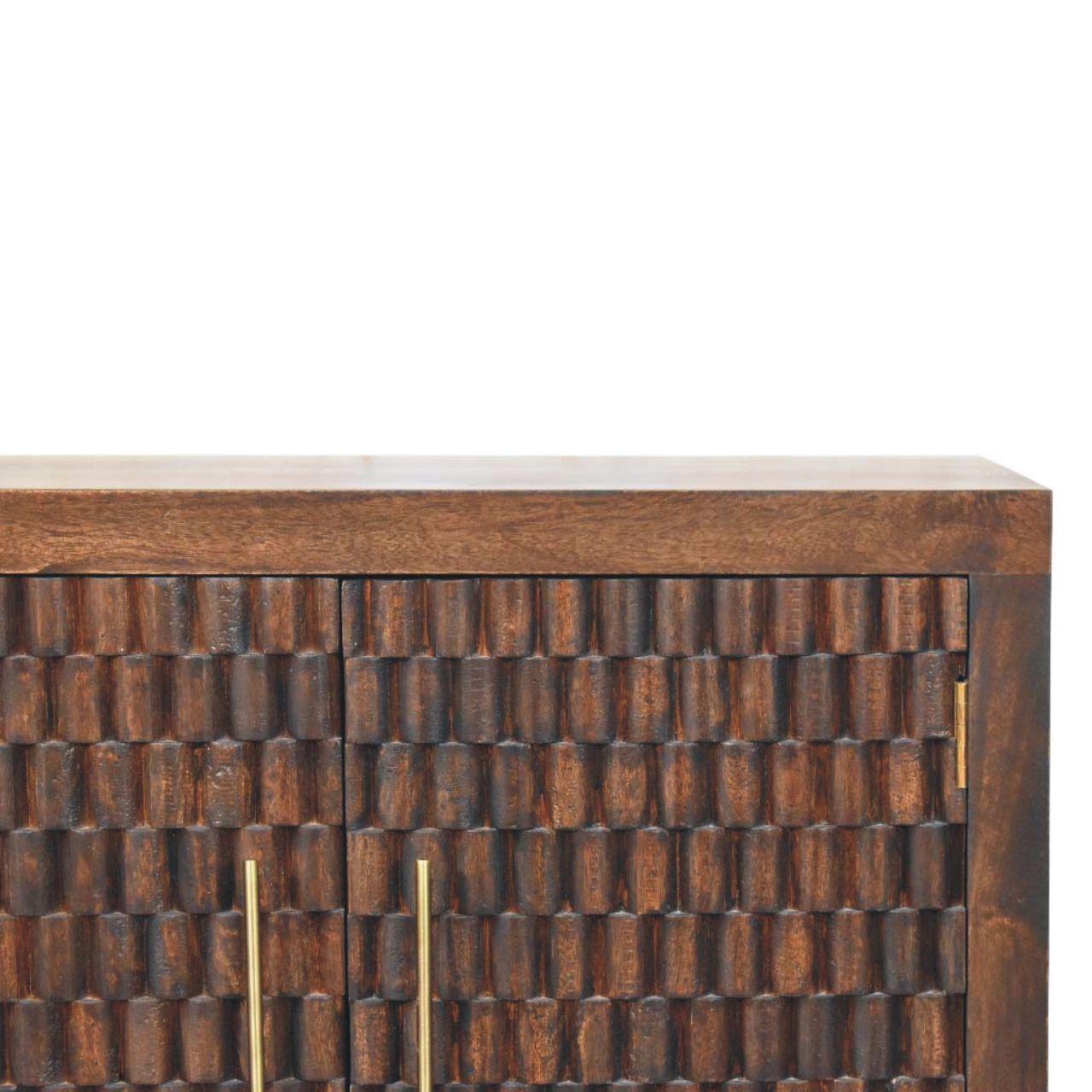 Statement Solid Mango Wood Cabinet – Brown Finish, Geometric Carved Facade