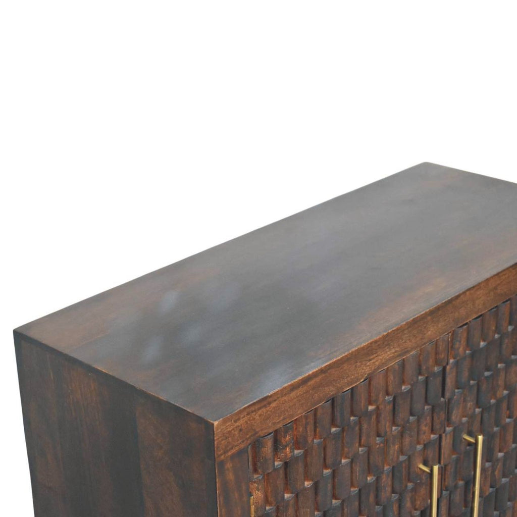 Statement Solid Mango Wood Cabinet – Brown Finish, Geometric Carved Facade