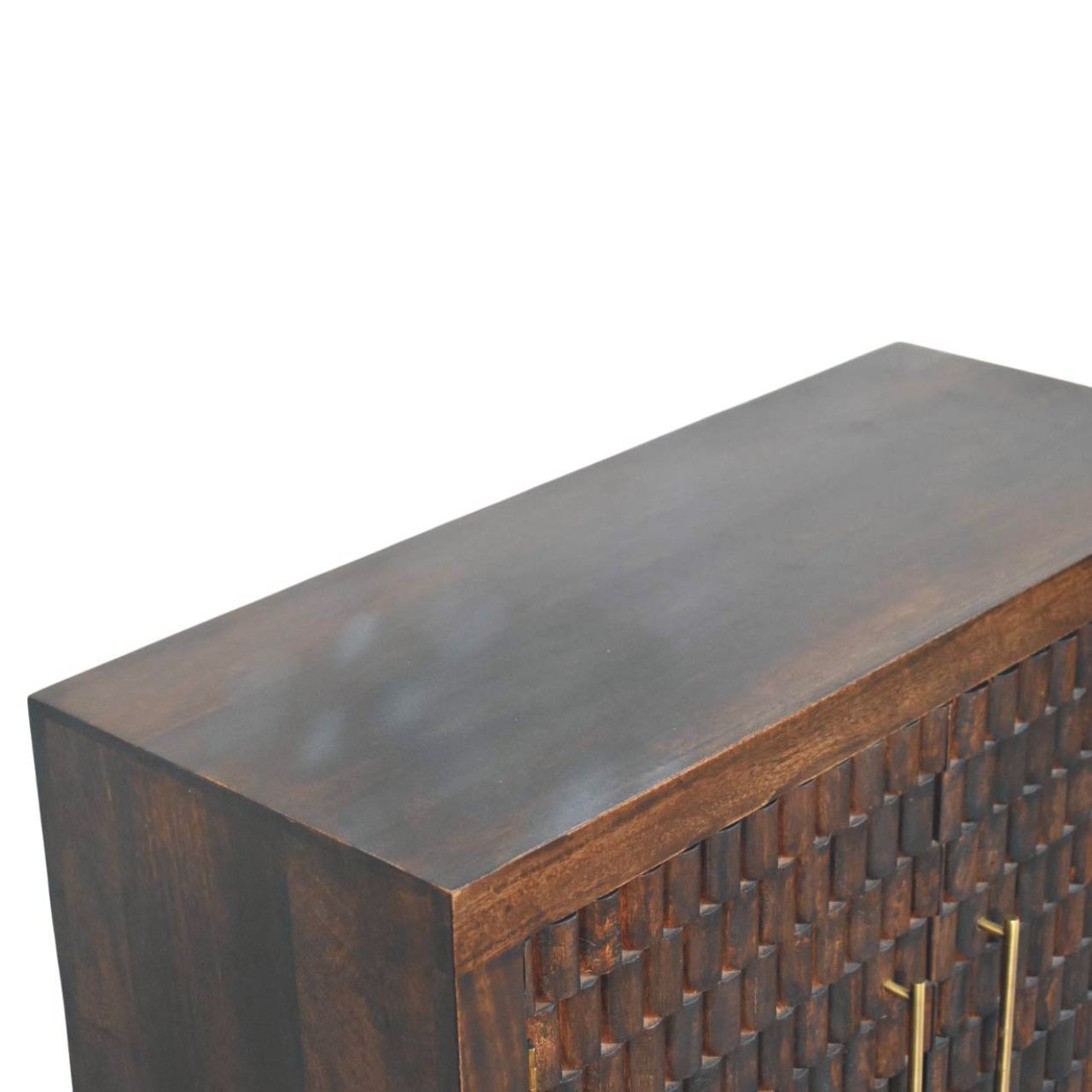 Statement Solid Mango Wood Cabinet – Brown Finish, Geometric Carved Facade