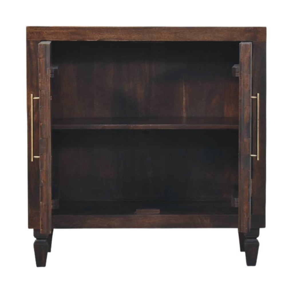 Statement Solid Mango Wood Cabinet – Brown Finish, Geometric Carved Facade