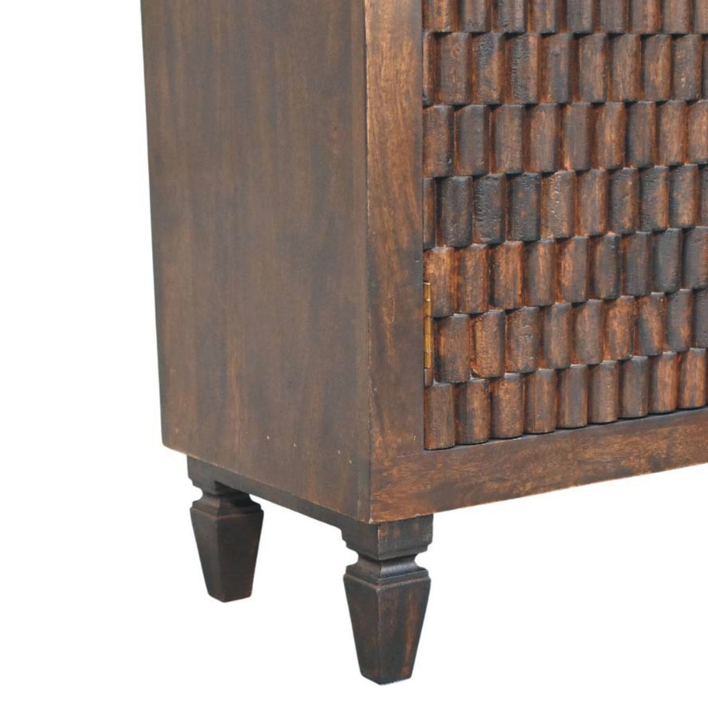 Statement Solid Mango Wood Cabinet – Brown Finish, Geometric Carved Facade