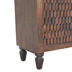 Statement Solid Mango Wood Cabinet – Brown Finish, Geometric Carved Facade