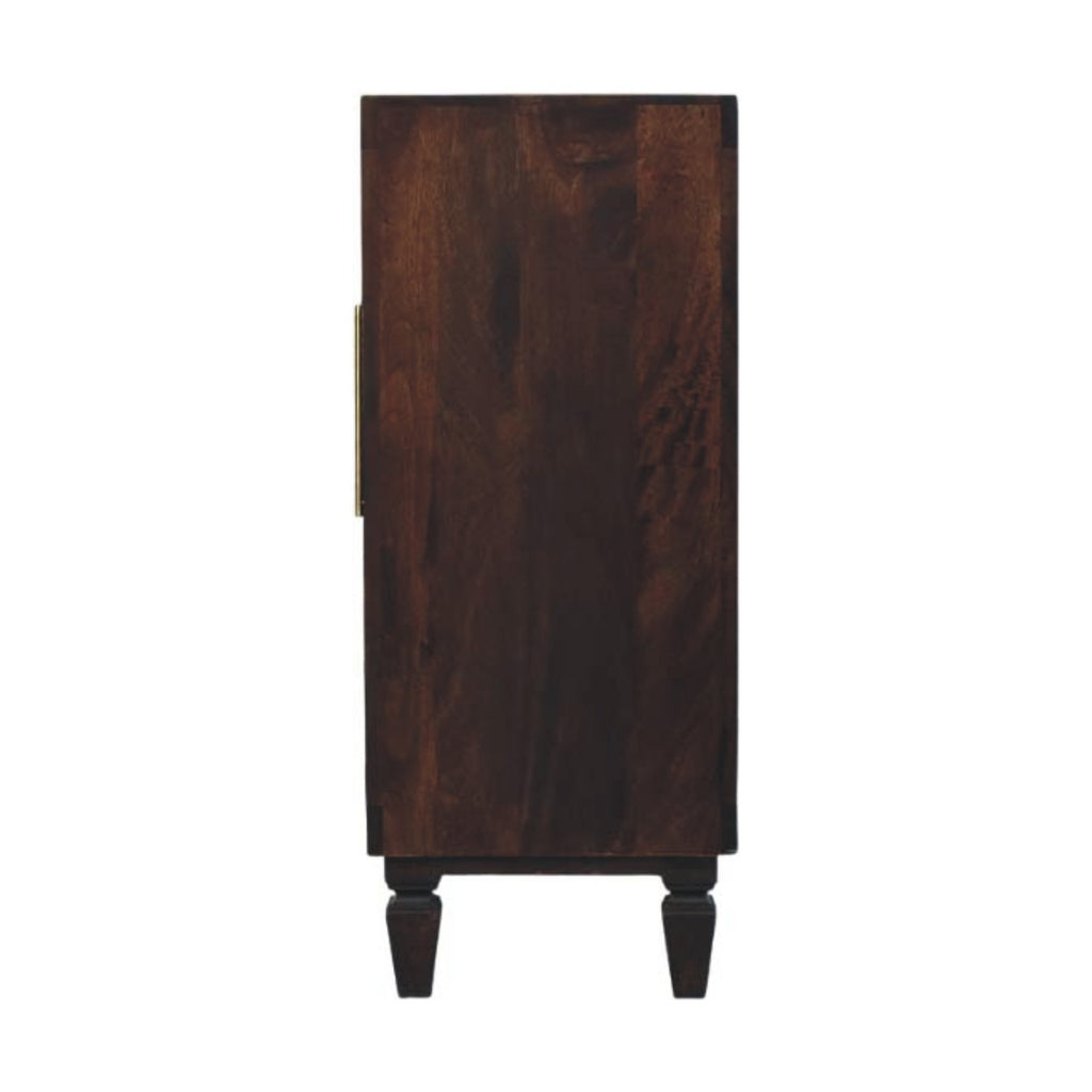 Statement Solid Mango Wood Cabinet – Brown Finish, Geometric Carved Facade