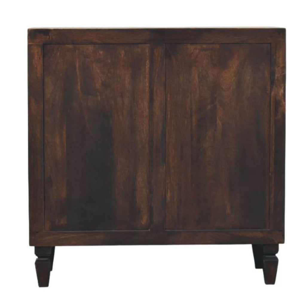 Statement Solid Mango Wood Cabinet – Brown Finish, Geometric Carved Facade