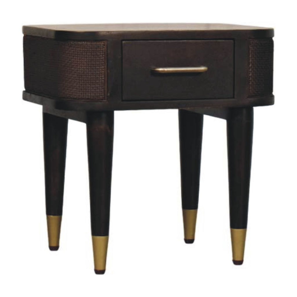 Compact Solid Mango Wood Bedside Table – Chestnut Finish, Woven Rattan Panels